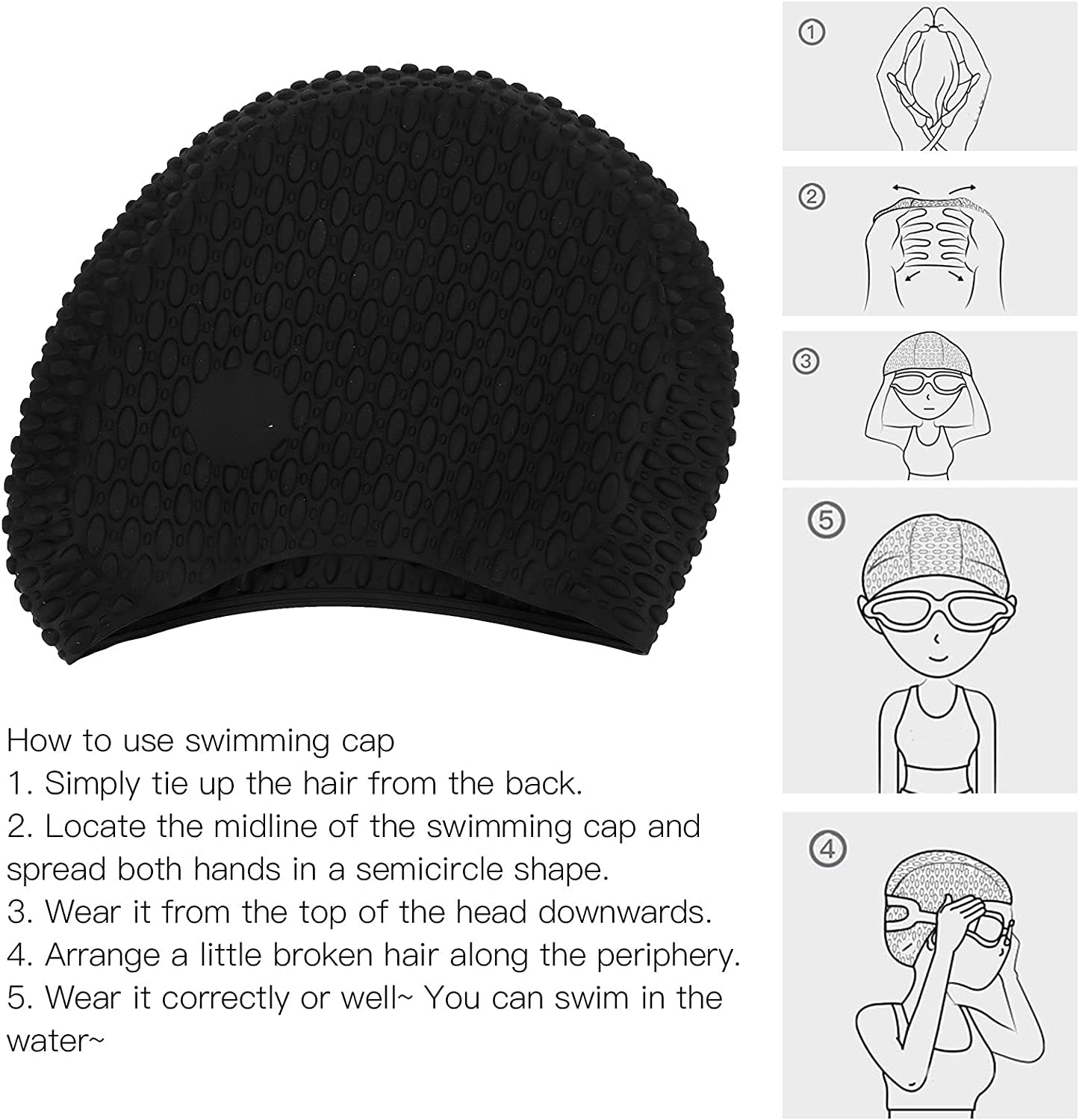 El Regalo 1 PC Silicon Bubbled Swimming Cap for Teens/Adults- Silicone Thickened Long Hair Silicone Swimming Cap (Black)