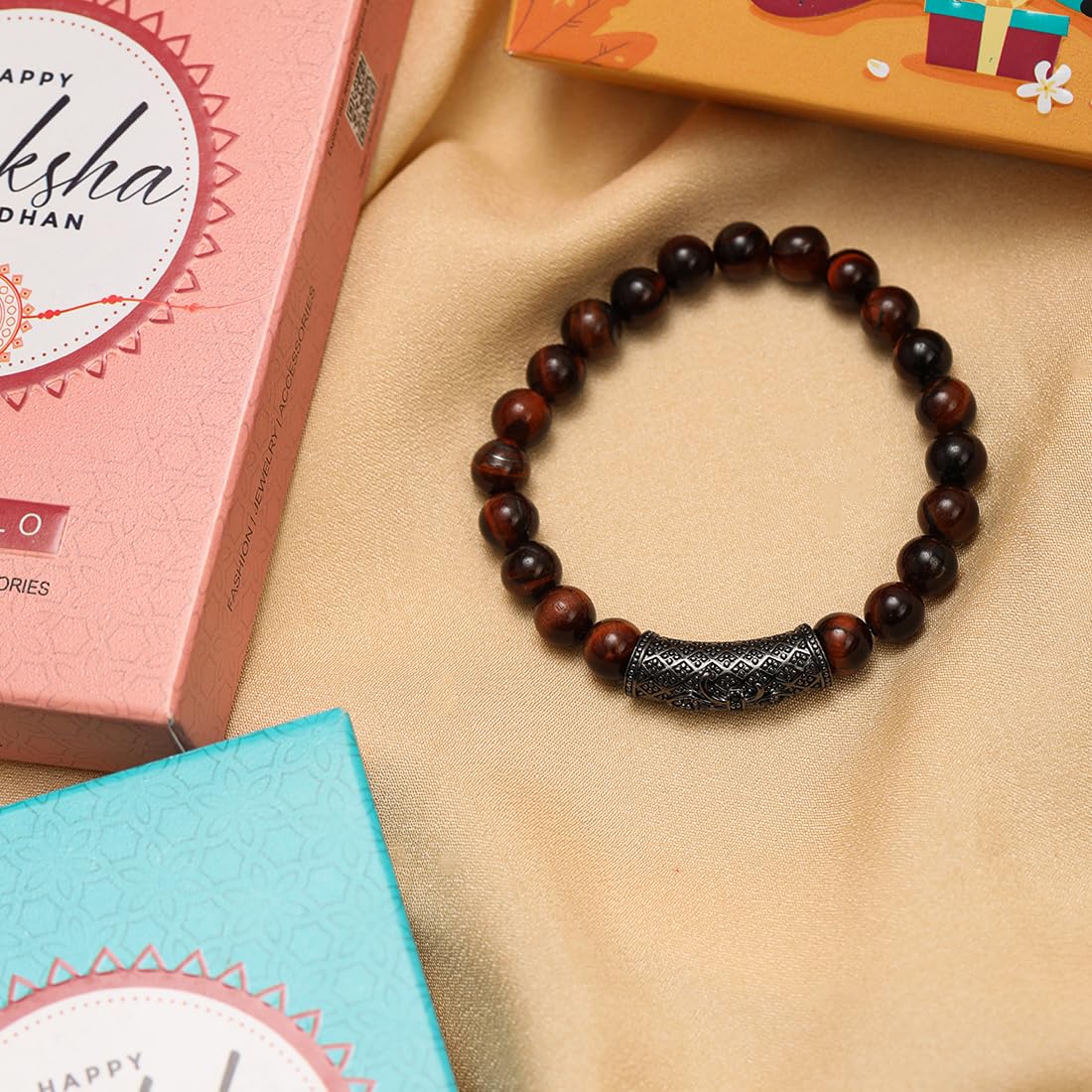 El Regalo 1 PC Natural Red Tiger Eye Stones with Antique Crown Charm Rakhi for Brother/Bhai- Designer Rakhi with Roli-Chawal Shagun, Rakhi Message Card in Rakhi Gift Box (Antique Charm Rakhi)