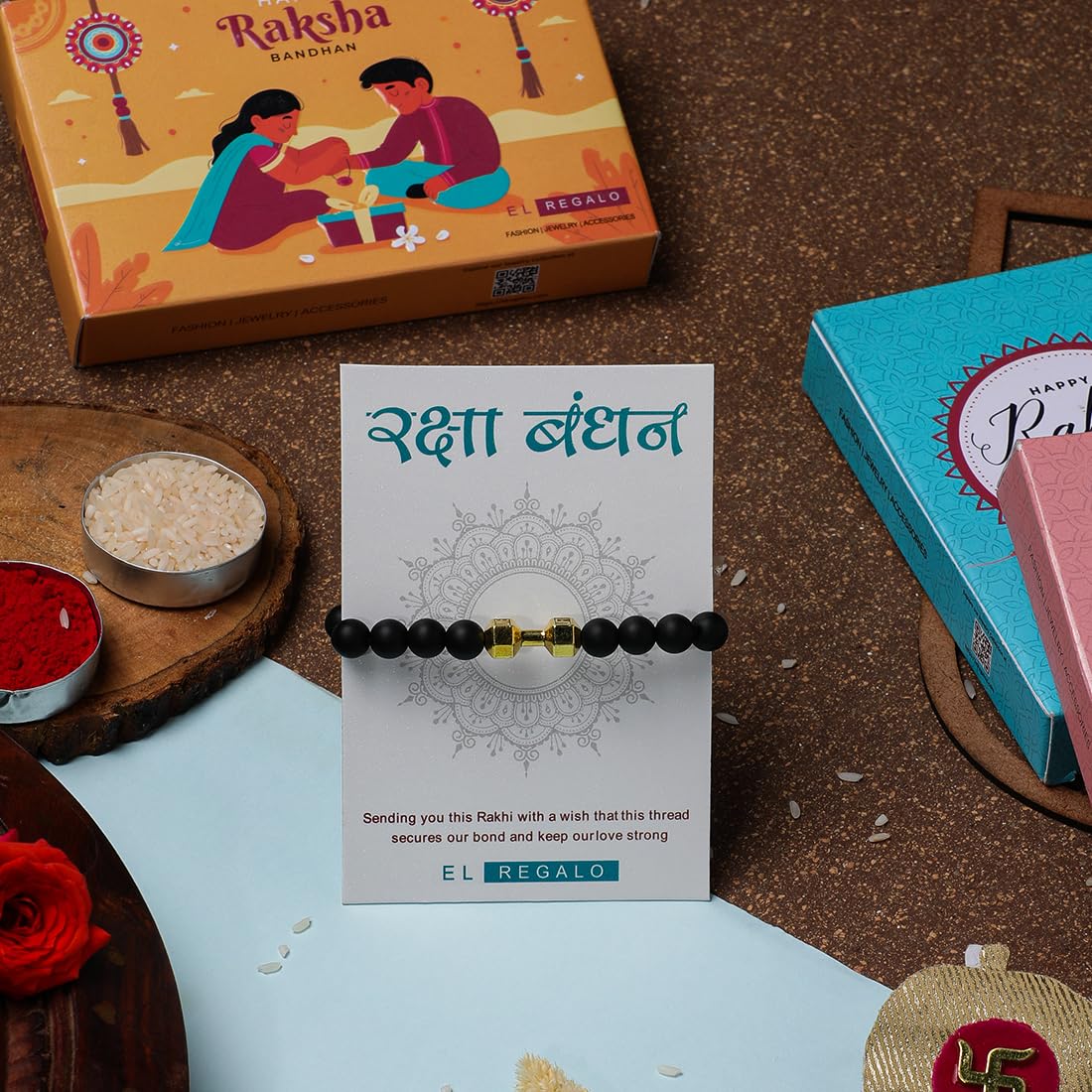 El Regalo 1pc Gymheads Dumbbell Bracelet Rakhi for Gym Lover Brother- Gym Rakhi with Roli Chawal, Rakhi Message Card in Gift Box (Gold)