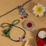 El Regalo Designer Bhaiya- Bhabhi Rakhi Luma/Lumba Set- Kundan, Pearls Rakhi with Roli Chawal in Gift Box- Luma Convertible into Necklace (Option-8)