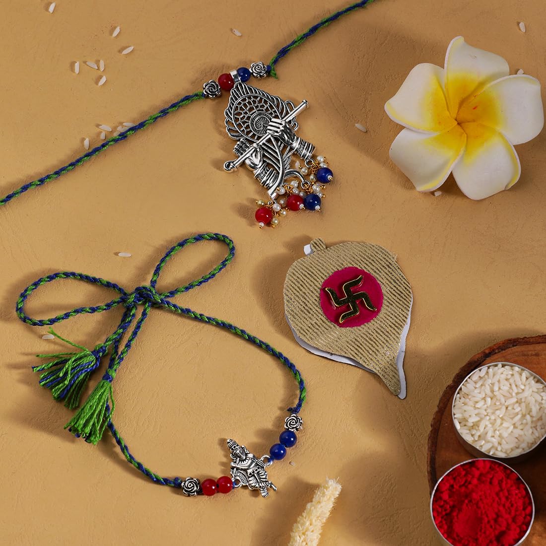 El Regalo Designer Bhaiya- Bhabhi Rakhi Luma/Lumba Set- Kundan, Pearls Rakhi with Roli Chawal in Gift Box- Luma Convertible into Necklace (Option-8)