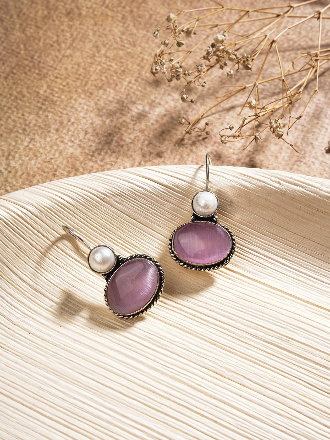 El Regalo 1Pair Cute Oxidized 925 Silver Plated Pearl & Stones Hook Earrings for Girls/Women- Silver Lookalike Handmade Oxidized Brass Hook Traditional Earrings with Stones & Pearls (Pink)