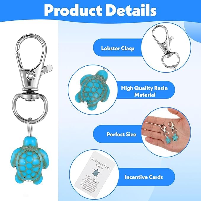 El Regalo 10PCs Lucky Little Turtle Keychain Set with White Organza Bag & Greeting Card - Good Luck Cute Mini Sea Turtle Inspirational Gift for Family, Friends, Coworkers