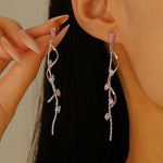 El Regalo Long Copper Zirconia Rhinestone Leaf Drop Dangle Earrings for Women | Korean Style Vine Fringe Earrings | Classy Party, Wedding & Casual Earrings Jewelry (Pink Silver)