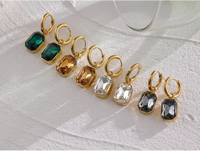 El Regalo Stainless Steel Rectangular Cut Rhinestone Hoop Earrings - Elegant 18K Gold Plated Waterproof Vintage-Inspired Cubic Zirconia Huggie Hoops for Women (Grey)