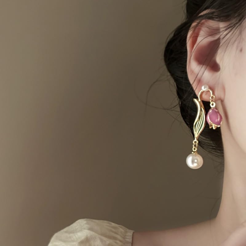 El Regalo Romantic Tulip Summer French Vintage Oil Dropping Flower Pearl Earrings- Light & Luxury Retro Pink Flower Pearl Stud Earrings