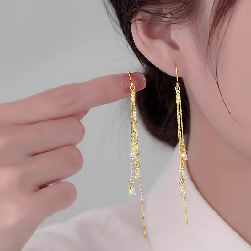 El Regalo Modern Threader Earrings for Women | Long Chain Dangler Earrings with Crystal & Stone Drops | Western Tassel Earrings for Girls | Party Sui Dhaga Thread Earrings (White Threader)