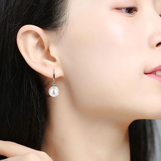 El Regalo 10mm Shiny Faux Pearl Hook Earrings - Multicolor Shell Pearl Drop Earrings for Women & Girls | Glossy Round Beads in Elegant Colors | Classic Dangle Earrings for All Occasions (White)