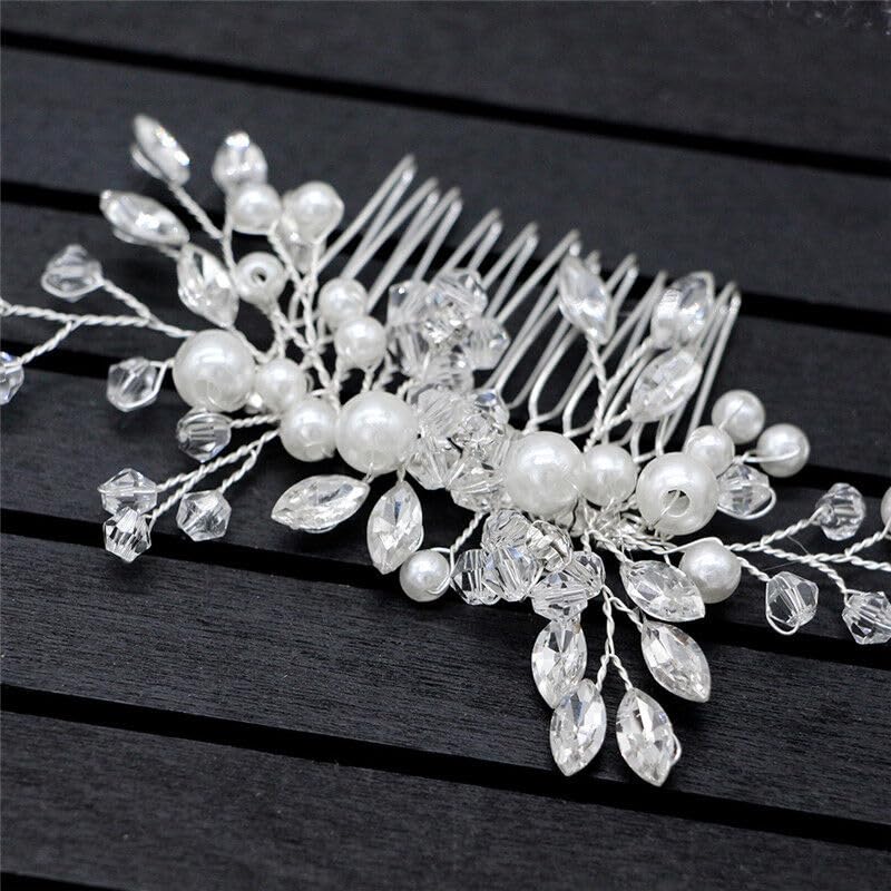 El Regalo Bridal Hair Side Comb For Women- Wedding Girls Hair Clip Leaves Pearl Rhinestone Crystal Spray Flower Hair Floral Vintage Hair Barrette Bridesmaids Headpiece