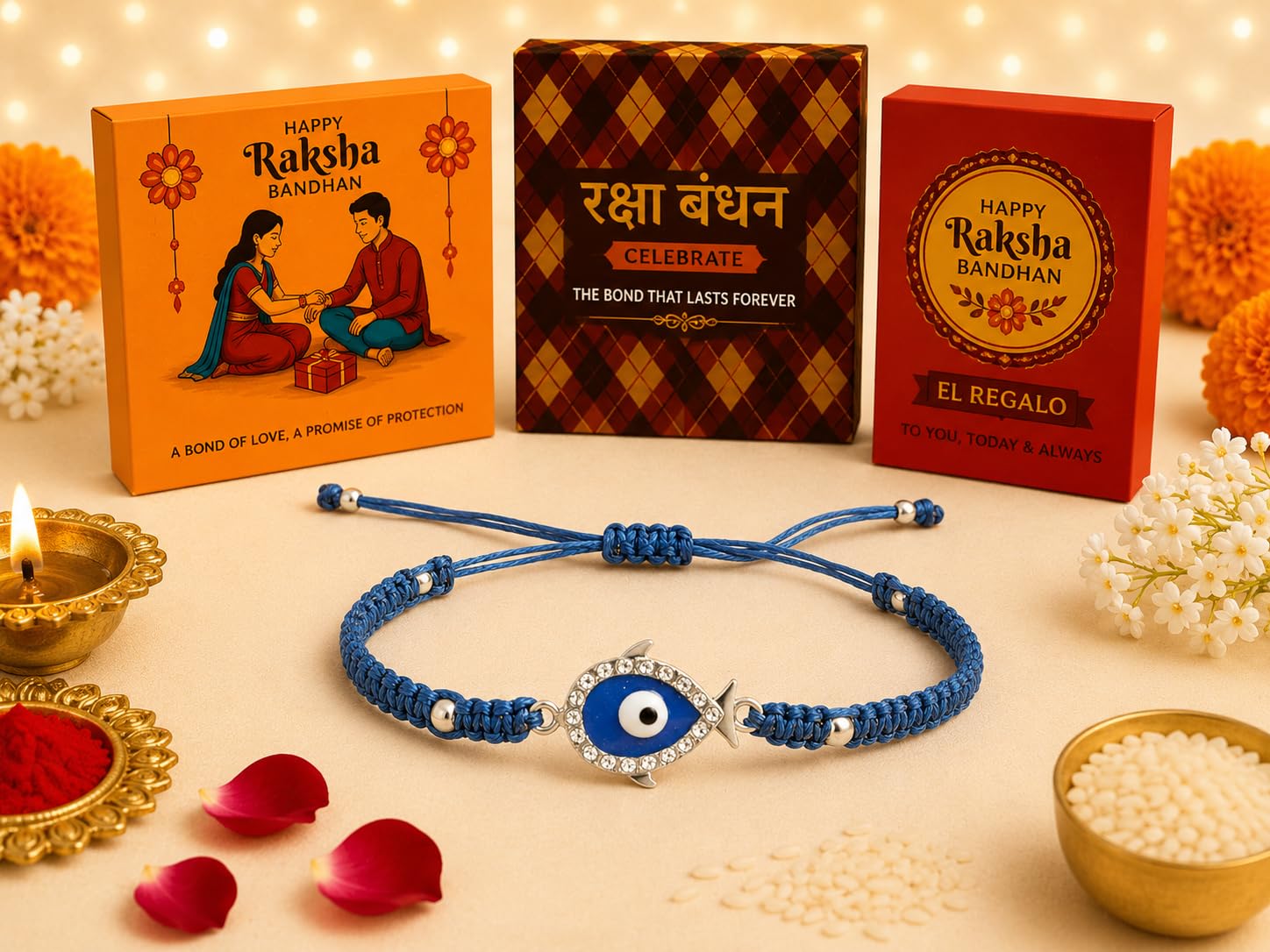 El Regalo 1PC Evil Eye CZ Bracelet Rakhi for Brother with Roli Chawal & Rakhi Message Card - Lucky Protection Rakhi to Avoid Negative Energies for Brother/Sister-in-Law/Niece or Nephew