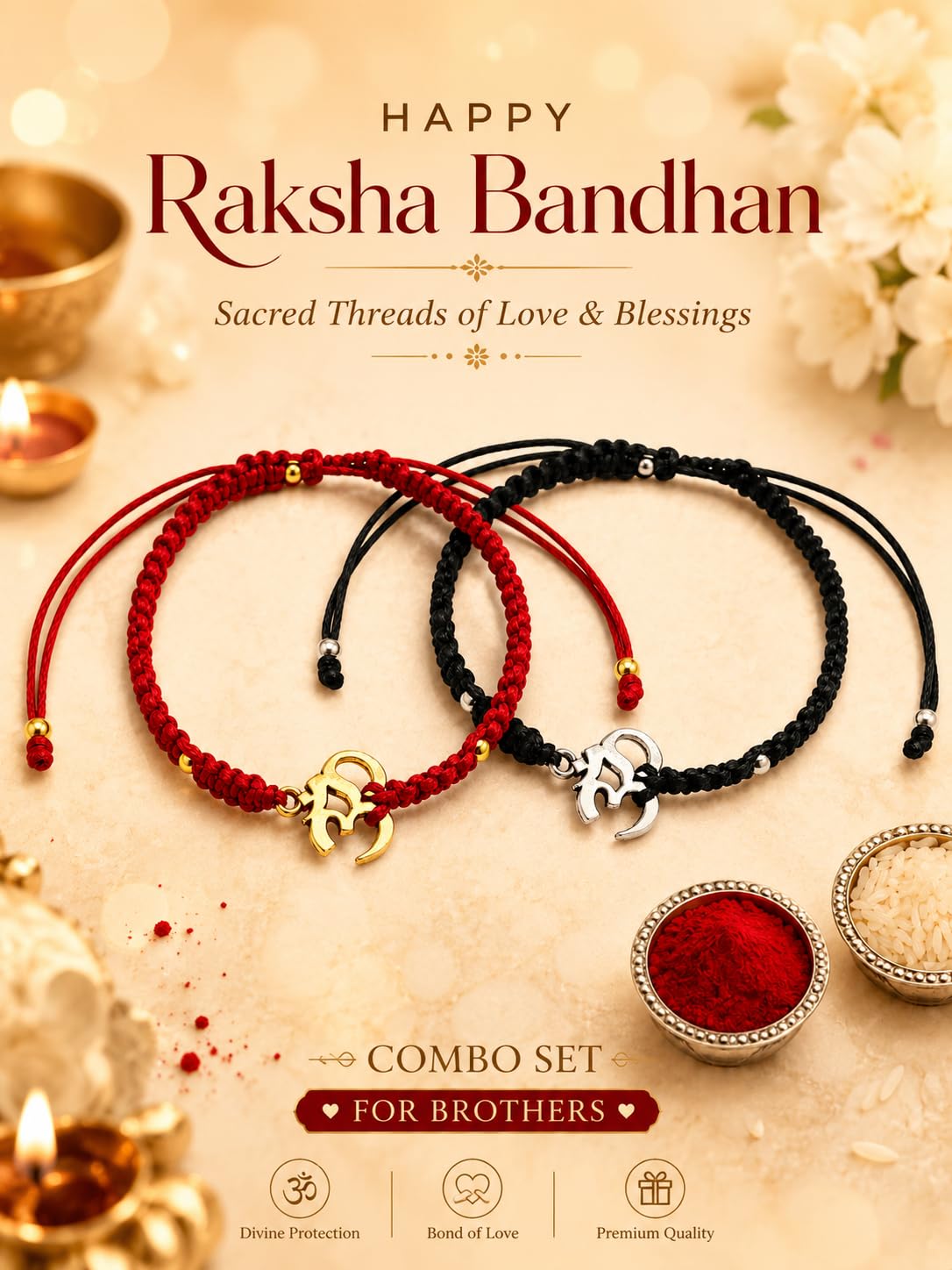 El Regalo 2PCs Auspicious OM Rakhi Set Brothers- Simple & Minimalist OM Bracelet Rakhi with Roli Chawal Shagun, Message Card in Rakhi Gift Box