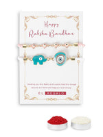 El Regalo Designer Rakhi Set for Bhaiya & Bhabhi - 2PCs CZ Evil Eye Hamsa Hand Bracelet Rakhi Combo with Roli Chawal & Rakhi Message Card in Gift Box (Elephant Evil Eye Combo)