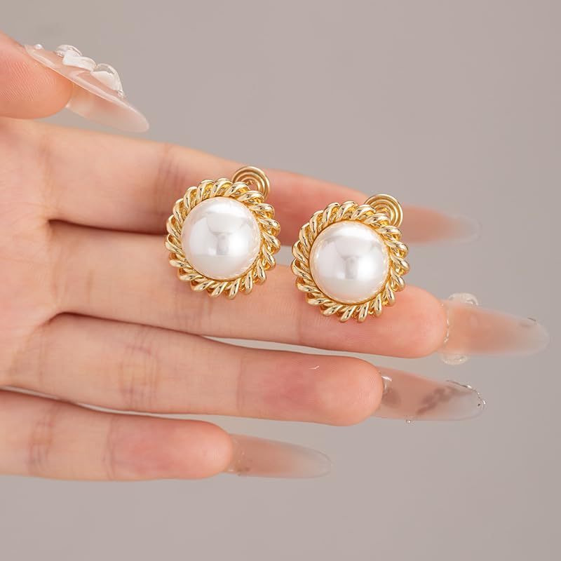 El Regalo Pearl Clip On Earrings for Women & Girls | Non Pierced Earrings with Big Pearl Stud | Vintage Clip Earrings for Girls | Elegant No Piercing Earrings | Party, Wedding & Daily Jewelry (Gold)