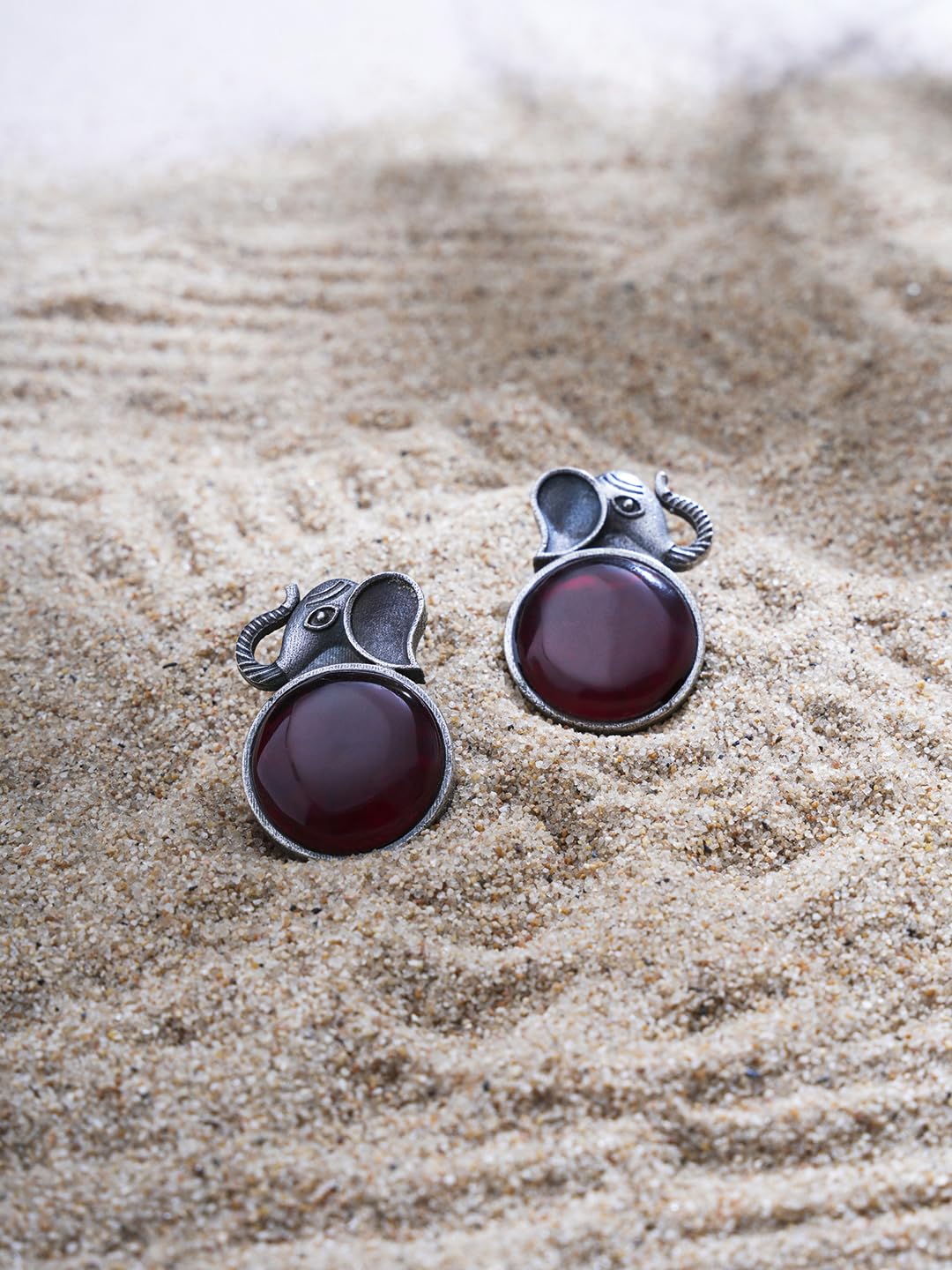 El Regalo 1Pair Oxidized German Silver Ganesha Elephant Stone Stud Earrings- Handcrafted Unique Earrings with Color Stone Options (Red)