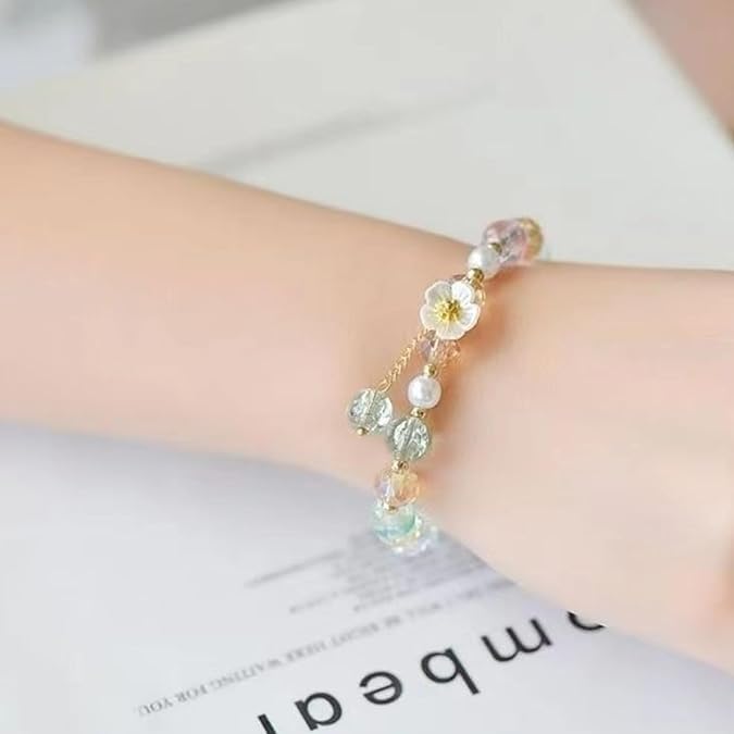 El Regalo 4PCs Cute Flower Bracelets- Shiny & Colorful Flower Charm Bracelets Set- Handmade Crystal Beaded Daisy Bracelets for Women Girls (Colors Option-1)