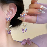 El Regalo Cute 3D Crystal Butterfly Tassel Earrings for Women & Girls | 18K Gold Plated Long Hanging Drop Linear Earrings | Elegant Korean Aesthetic Western Party Jewelry (Purple)