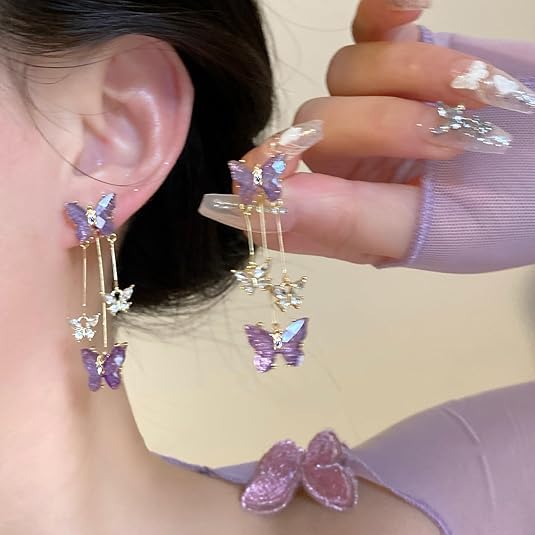 El Regalo Cute 3D Crystal Butterfly Tassel Earrings for Women & Girls | 18K Gold Plated Long Hanging Drop Linear Earrings | Elegant Korean Aesthetic Western Party Jewelry (Purple)
