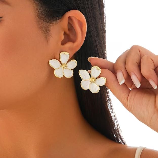 El Regalo Enameled Flower Stud Earrings for Women- Trendy Statement Big Flower Earrings