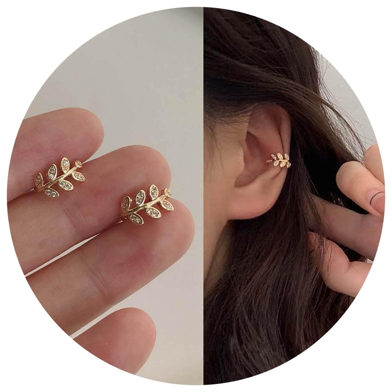 El Regalo 1 Pair Leaves Rhinestone Ear Cuff Non-Pierced Earring- Elegant Clip On Cartilage Earrings for Girls & Women