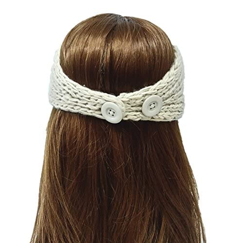 El Regalo 2 PCs Knitted Flower Warm Winter Woolen Headband with Buttons for Face Mask Cover | Cold Weather Hair Accessories Head Wrap | Winter Headbands for Girls & Women (Pack of 2) (White & Coffee)