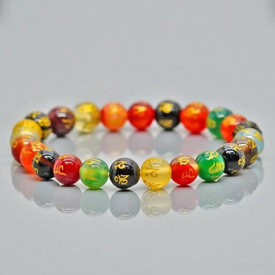 El Regalo 1PC Om Mani Padme Hum Engraved Multicolor Stone Crystal Bracelet Rakhi for Brother with Rakhi Message Card, Roli Chawal Shagun in Rakhi Gift Box