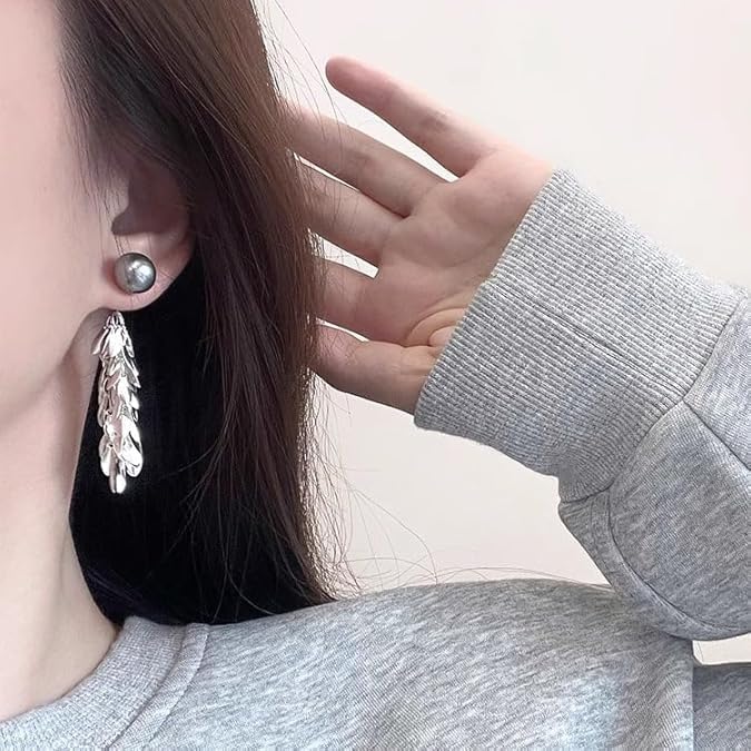 El Regalo Women's & Girl's Elegant Grey Iridescent Pearl Fringe Earrings - 2 Ways Wheat Fringed Ear Jacket Earrings, Lightweight, Versatile Design for Sophisticated Style