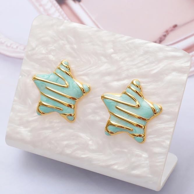 El Regalo Stainless Steel Star Stud Earrings for Girls & Women | Anti-Tarnish Gold Plated Cute Star Shape Enamel Contenporary Fashion Studs Earrings (Turquoise Green)