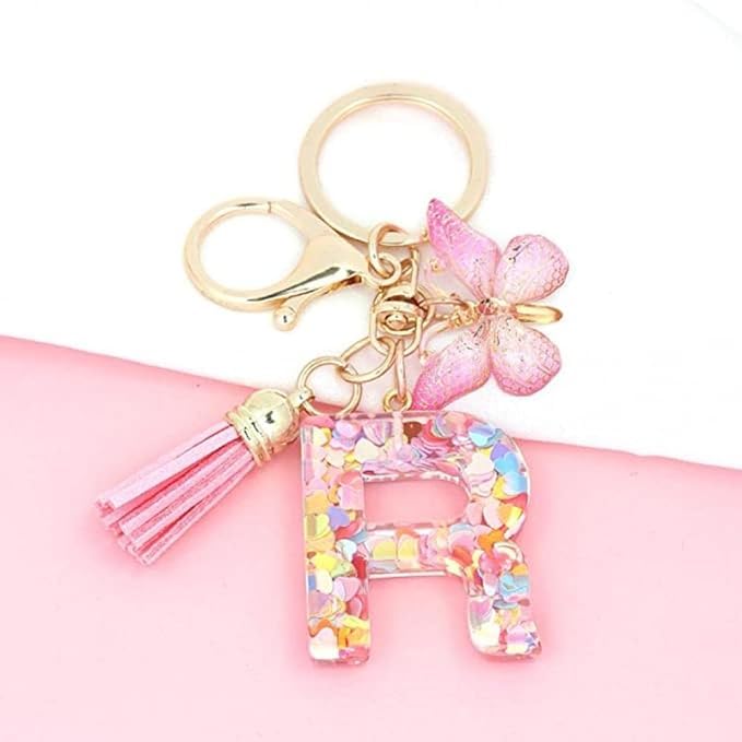 El Regalo Personalized Name Initials Butterfly Charm Keychain - Custom Letter Keyring with Pink Tassel & Butterfly Pendant, Purse, Bag, Backpack Accessory (R Letter)