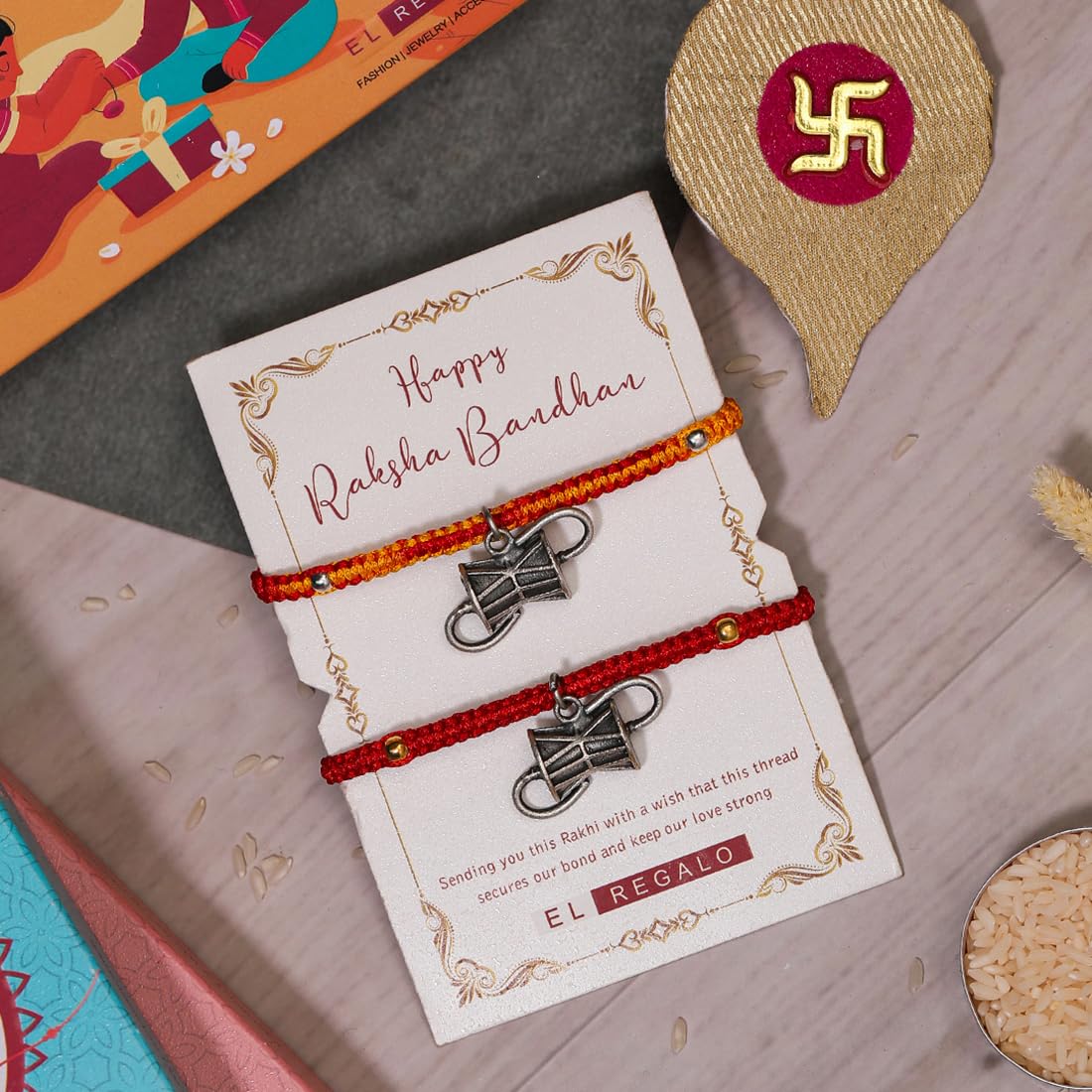 El Regalo 2PCs Shiva Damroo Bracelet Rakhi for Brothers- Antique Finish Damru Rakhi Set with Roli Chawal Shagun, Message Card in Rakshabandhan Gift Box for Bhai/Bhaiya