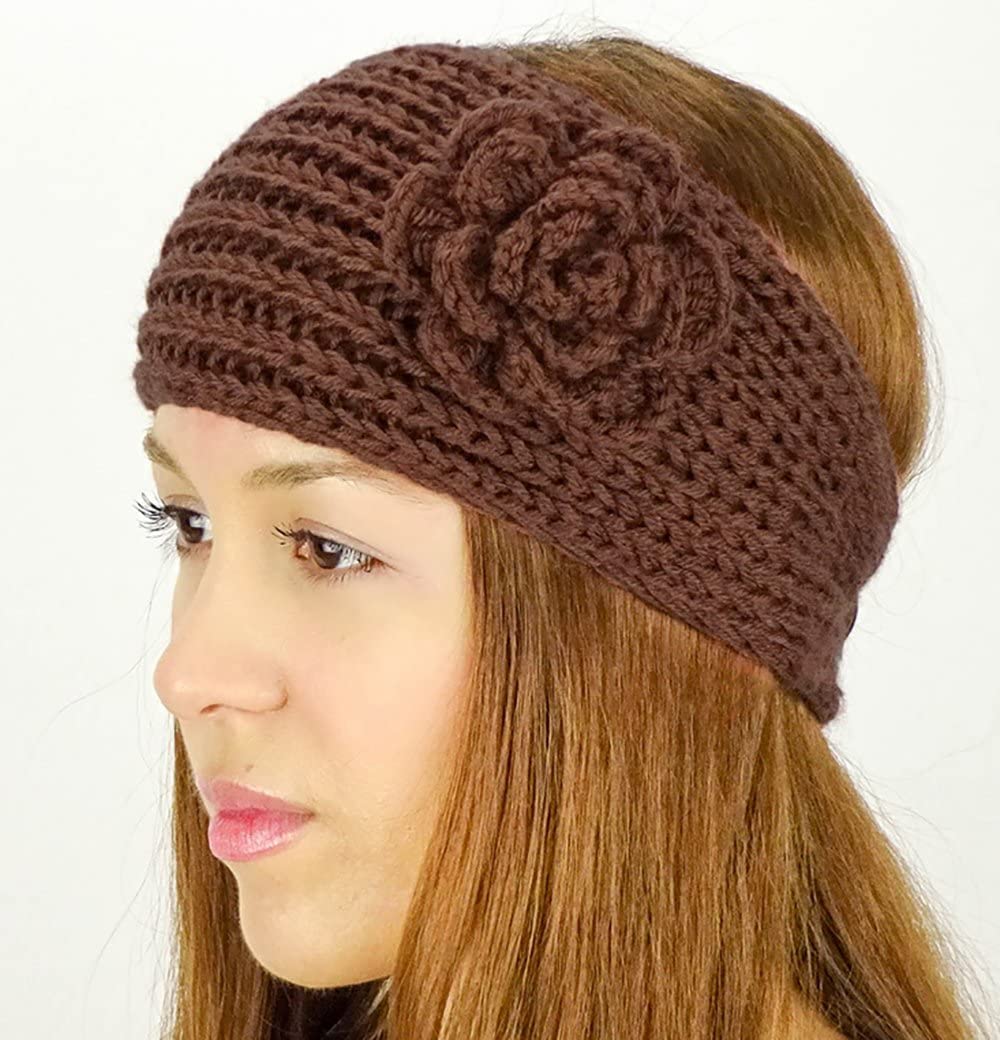 El Regalo's Women Crochet Headband Knitted Headwrap Headband with 3D flower & Button Ear Warmer Hair Muffs Band | Winter Designer Headbands for Teens & Women (White)