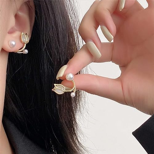 El Regalo Tulip Flower Pearl Cuff Jacket Earrings For Girls Women- Unique French Style Flower Cat's Eye Stone Front Back Climbers Crawler Earrings