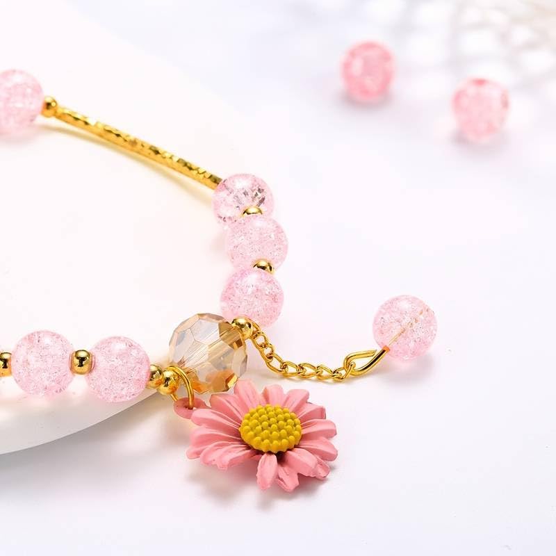 El Regalo 1PC Daisy Flower/Sunflower Crackle Beads Stretch Bracelet for Girls & Women- Fancy Floral Bracelets (Pink)