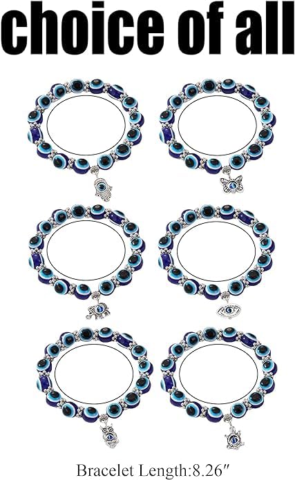 El Regalo 6 PCs Unisex Evil Eye Bracelets with Charms- Butterfly, Elephant, Hamsa Hand, Turtle, Eye & Owl
