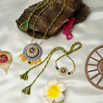 El Regalo Designer Bhaiya- Bhabhi Rakhi Luma/Lumba Set- Kundan, Pearls Rakhi with Roli Chawal in Gift Box- Luma Convertible into Necklace (Option-4)