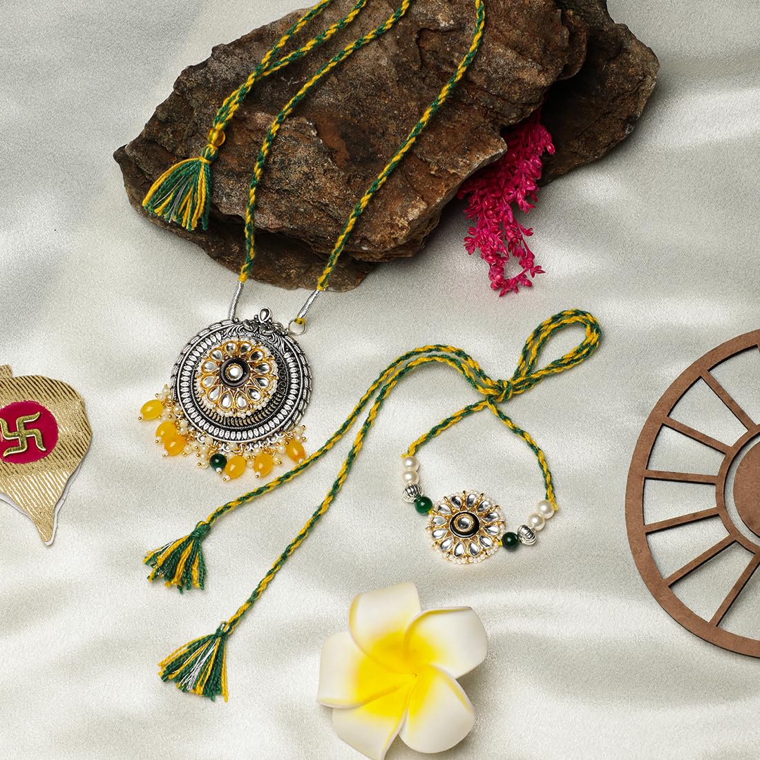 El Regalo Designer Bhaiya- Bhabhi Rakhi Luma/Lumba Set- Kundan, Pearls Rakhi with Roli Chawal in Gift Box- Luma Convertible into Necklace (Option-4)