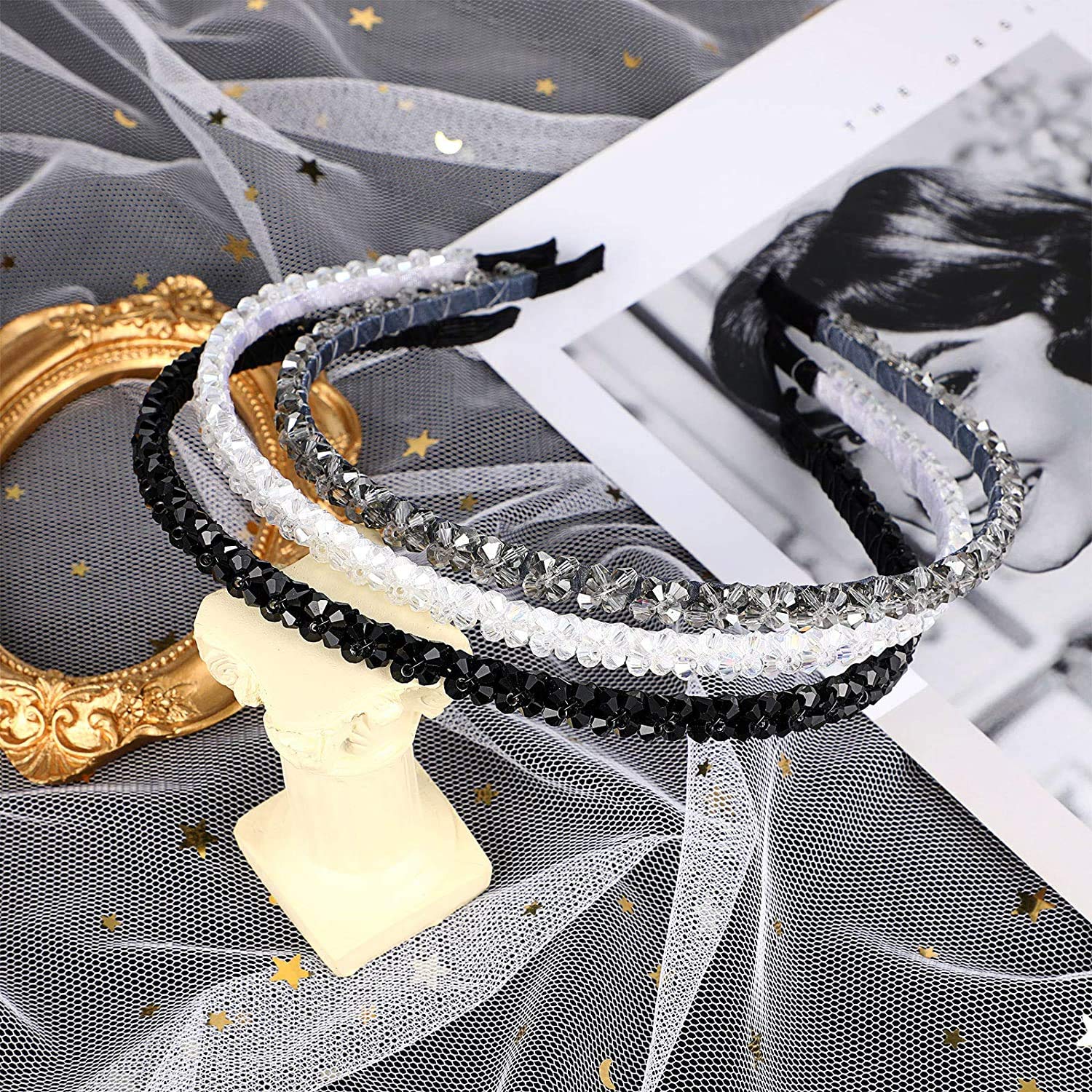El Regalo 2PCs Rhinestone Hair Bands for Kids/Girls/Teens/Women | Tiara Bridal Headpieces | Crystal Headband Fine Glitter Crystal Hairband Rhinestone Headband (Black & White)