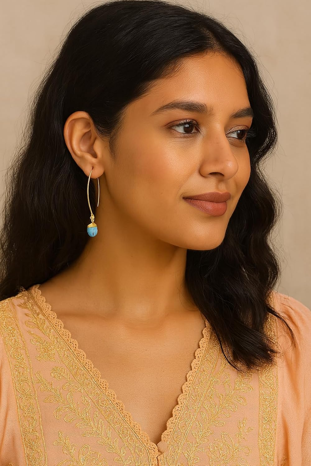 El Regalo Elegant Gold Hook Earrings with Natural Stones - Beautiful Drop Dangle Earrings for Women & Girls | Minimalist Jewelry (Turquoise Green Color)