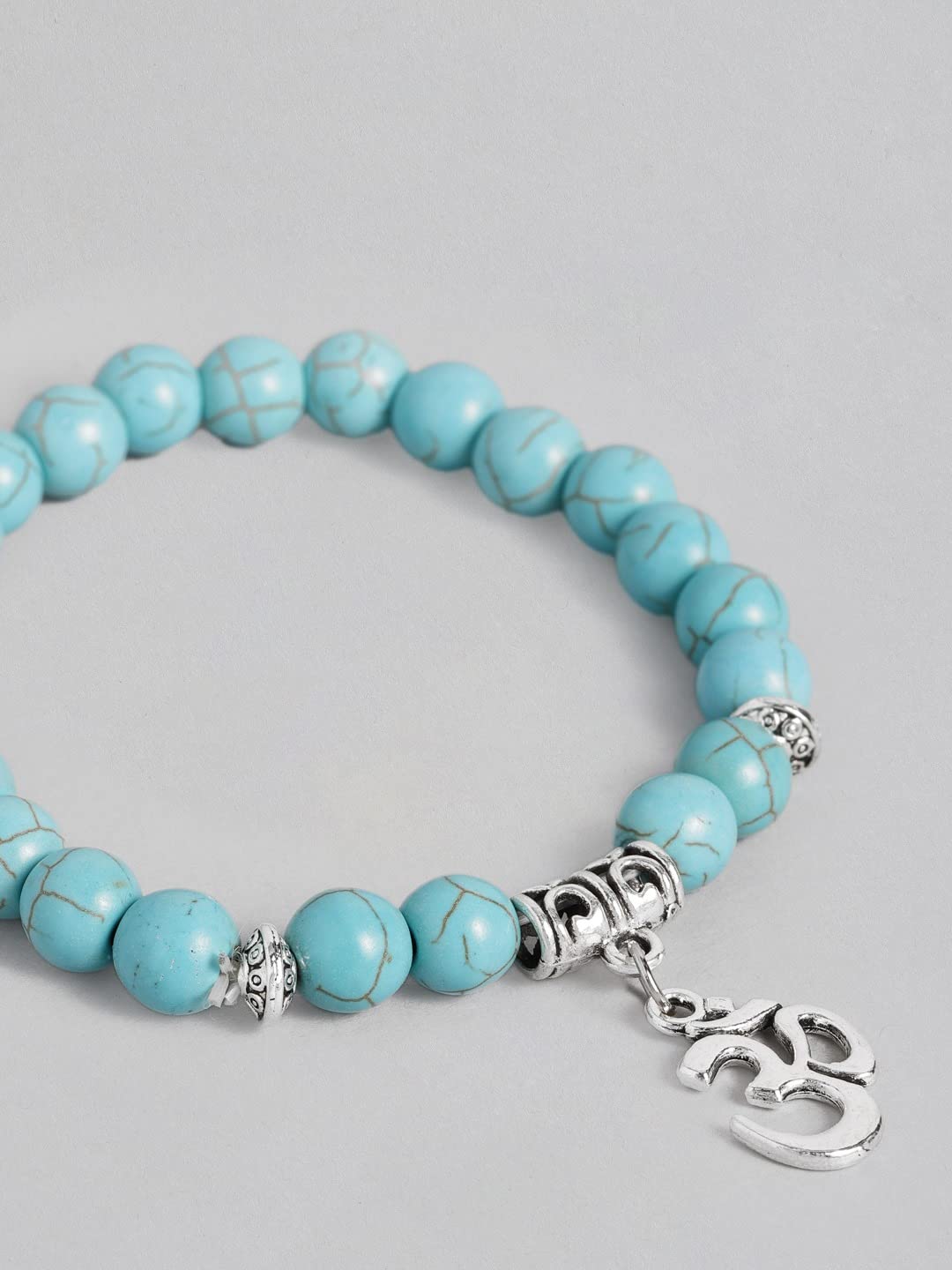 El Regalo OM Rakhi for Brother OM Charm Healing Yoga 8mm Beads Stretchable Bracelet Rakhi with Roli Canwal, Rakhi Card in Gift Box (Firozi)
