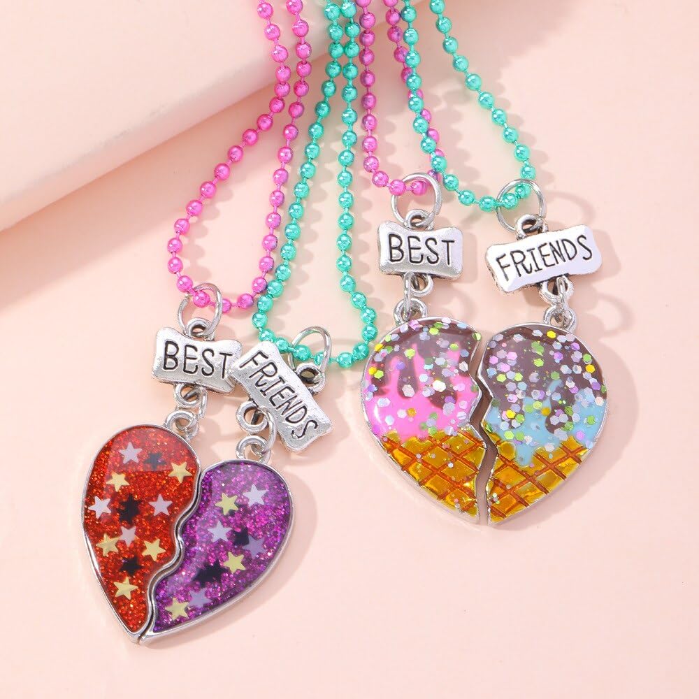 El Regalo Unisex 2 Pcs BFF Best Friend Split Matching Heart Pendant Necklaces Set- Colorful Chain Glitter Stars Heart Pendant Friendship Necklaces Set (Stars Hearts)