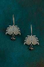 El Regalo Vintage Lotus Hook Earrings with Ghungroo for Girls & Women | Light Weight Silver Replica Brass Lotus Earrings in Oxidized Silver Finish