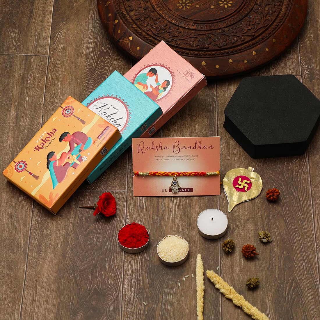 El Regalo 1 PC Moli Rakhi for Bhaiya - Rakshabandhan Moli Charms Rakhi with Message Card & Roli Chawal Shagun in Rakhi Box (Hamsa Hand Moli Rakhi)