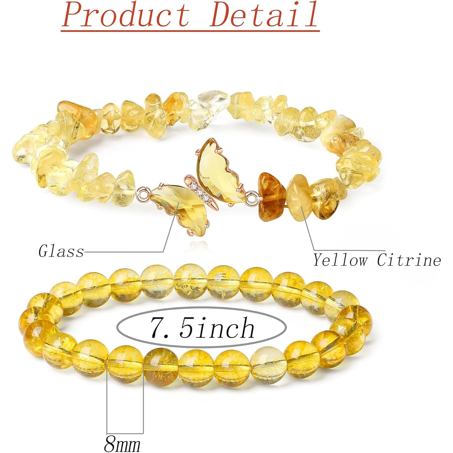 El Regalo 2PCs Natural Crystals Butterfly Bracelets Set- Real Crystals Healing Stones Bracelet Combo for Women (Yellow Citrine)