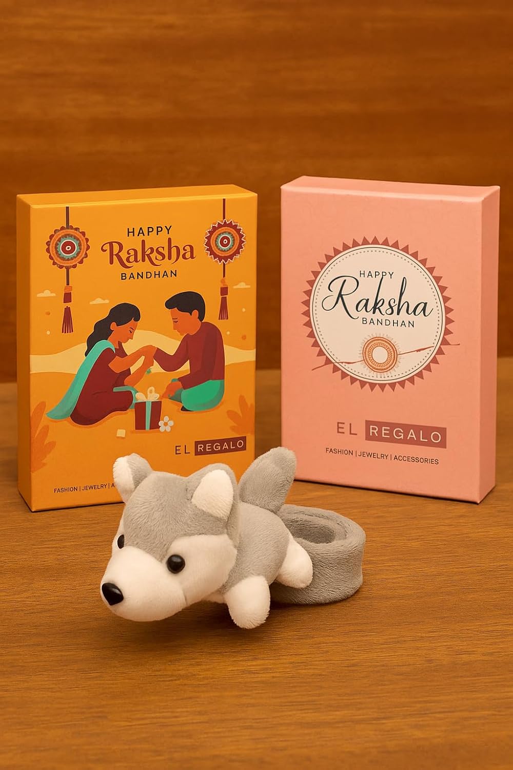 El Regalo Kids Rakhi - Cute Animal Plush Slap Band Rakhi for Boys & Girls | Panda, Shark, Dinosaur & More with Roli Chawal & Rakshabandhan Card | Fun Cartoon Soft Slap Bands for Children (husky puppy Grey)