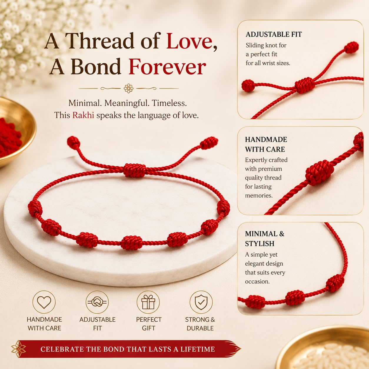 El Regalo Handmade Red Thread Rakhi for Brother | Traditional Mauli Kalava Rakhi | Adjustable Sacred Rakhi Bracelet for Men & Boys | Minimalist Designer Raksha Bandhan Rakhi | Premium Handcrafted Rakhi
