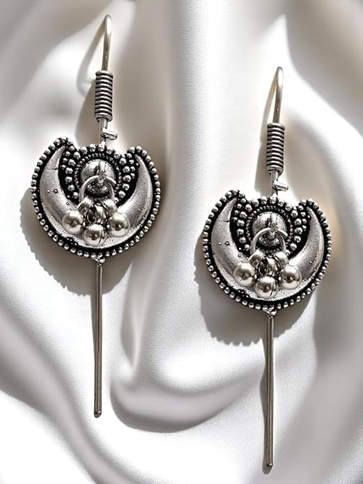 El Regalo Oxidized German Silver Needle Ear Wrap Earrings- Quirky Fashions Pin Bugadi Earrings (Crescent Moon with Ghungroo)
