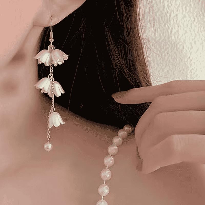 El Regalo Elegant White Floral Dangle Earrings- Delicate Cascading Flower Bell Earrings for Women & Girls