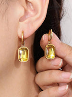 El Regalo Stainless Steel Rectangular Cut Rhinestone Hoop Earrings - Elegant 18K Gold Plated Waterproof Vintage-Inspired Cubic Zirconia Huggie Hoops for Women (Golden Yellow)