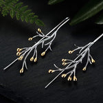 El Regalo 1 Pair Uniquely Handcrafted Tree Branch Dangle Earring for Women/Girls- Dual Tone Gold & Silver Statement Earrings with Blossoming Golden Buds