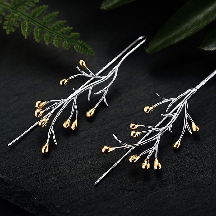 El Regalo 1 Pair Uniquely Handcrafted Tree Branch Dangle Earring for Women/Girls- Dual Tone Gold & Silver Statement Earrings with Blossoming Golden Buds