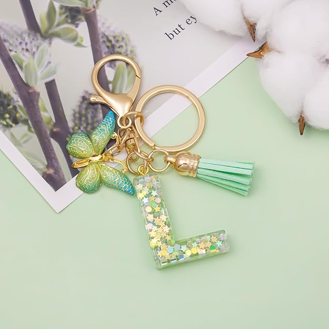 El Regalo Personalized Name Initials Butterfly Charm Keychain - Name Letters Keyring with Green Butterfly & Stars Filled Resin & Tassel Pendant, Purse, Bag, Backpack Accessory (Letter L)